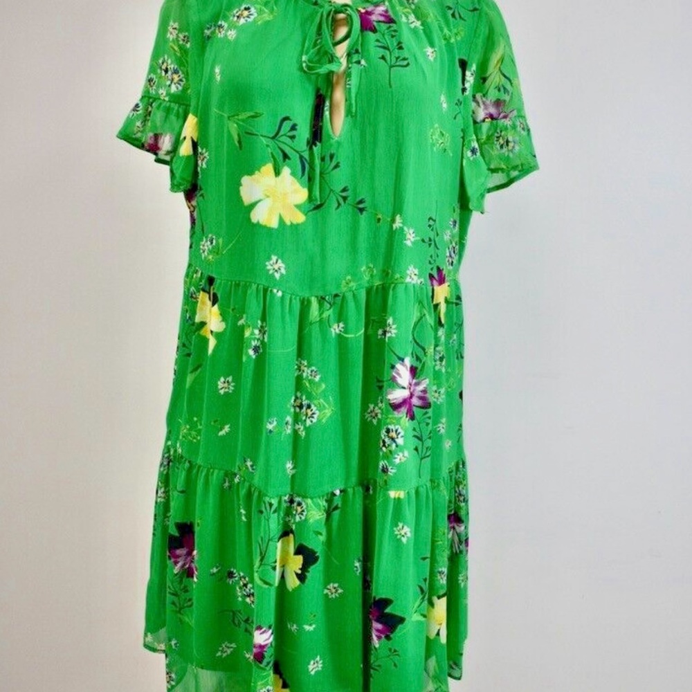 DKNY Green Mini Sundress with Tie Front and Flutter Sleeves